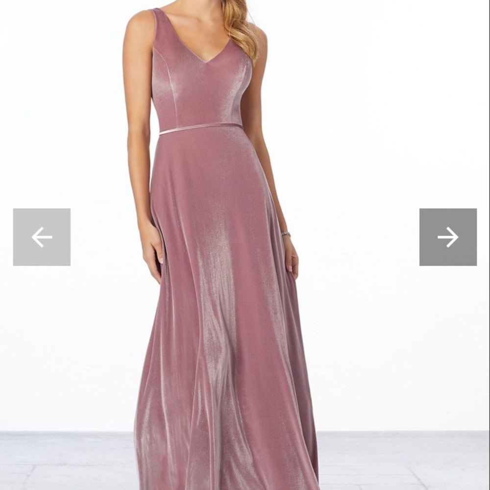 Morilee Vintage Velvet Bridesmaid Dress with V-Neckline in desert rose, size 8